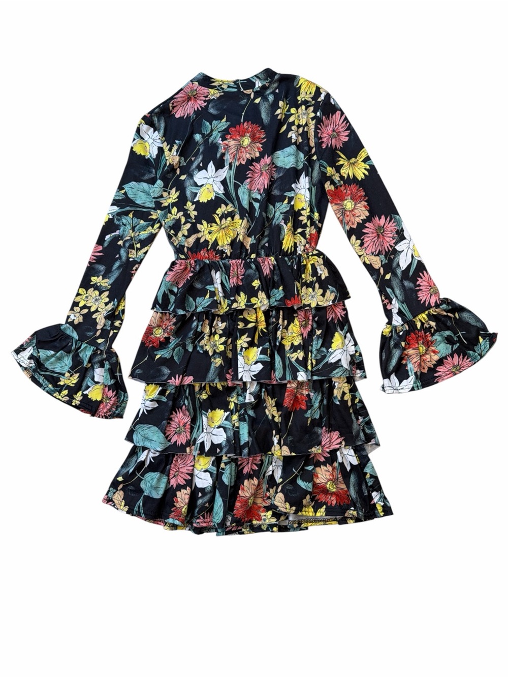 Club L London Black Floral Tiered Ruffle Long Sleeve Dress